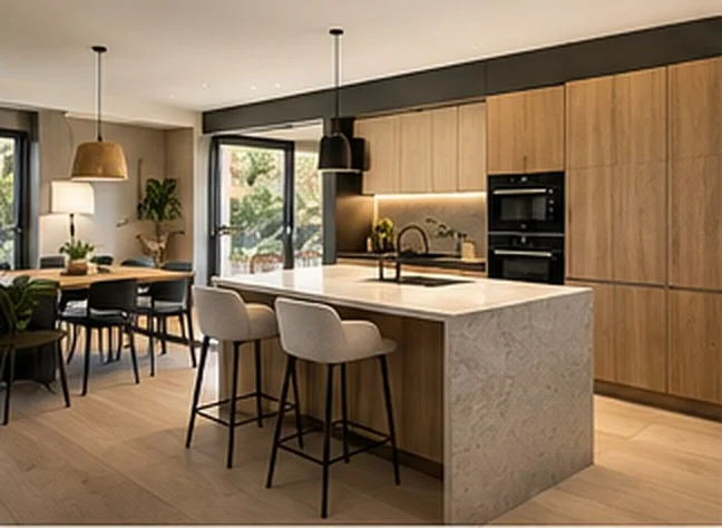 Cocina abierta con gran isla central y armarios de madera
