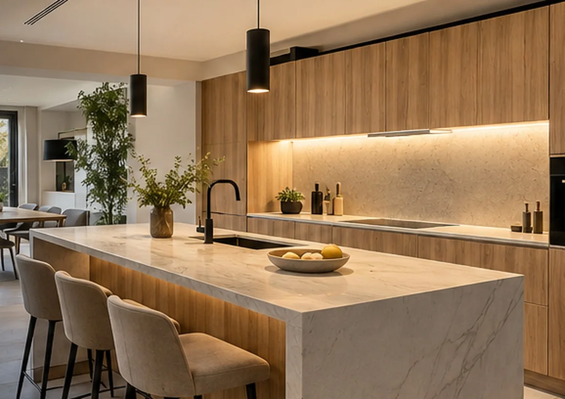 Cocina abierta con isla y detalles en madera natural