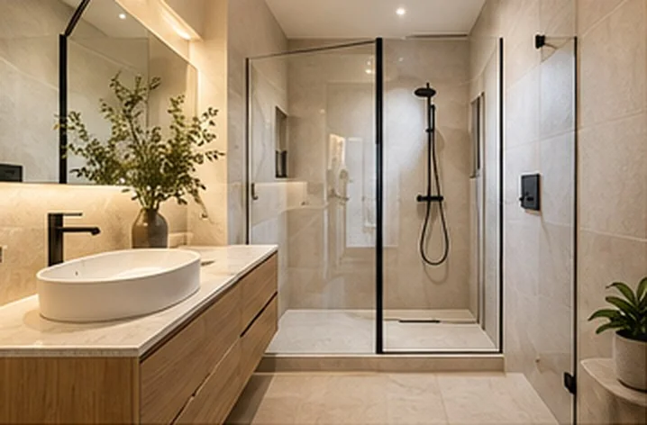 Baño moderno en tonos beige con ducha acristalada